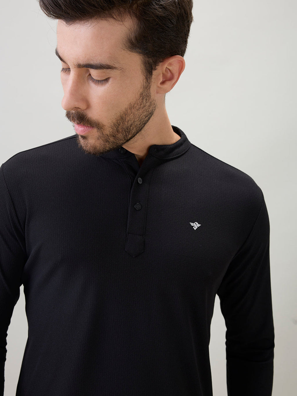 Mens Solid Henley Neck Regular Fit Full Sleeve T-Shirt with Logo and Button Closure