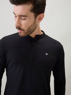 Mens Solid Henley Neck Regular Fit Full Sleeve T-Shirt with Logo and Button Closure