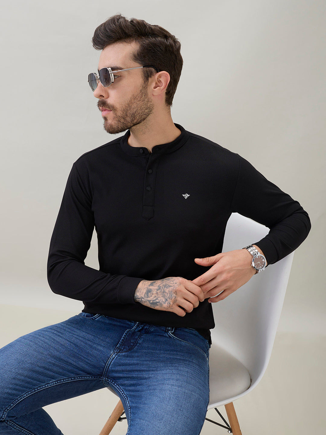 Mens Solid Henley Neck Regular Fit Full Sleeve T-Shirt with Logo and Button Closure