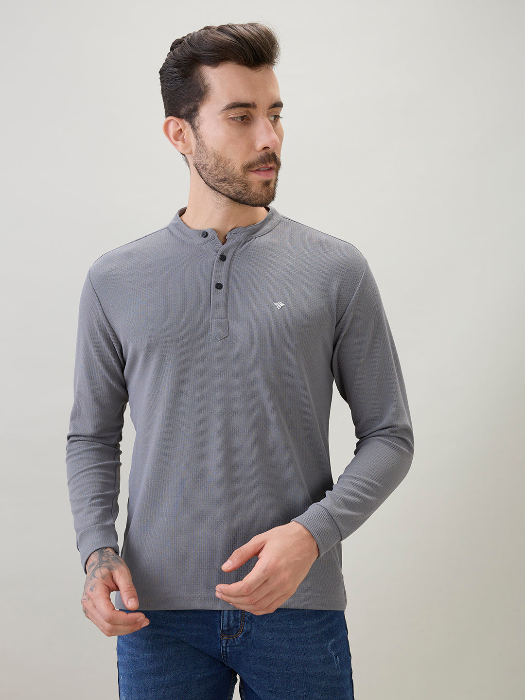 Men's Solid Henley Neck Regular Fit Full Sleeve T-Shirt with Logo and Button Closure