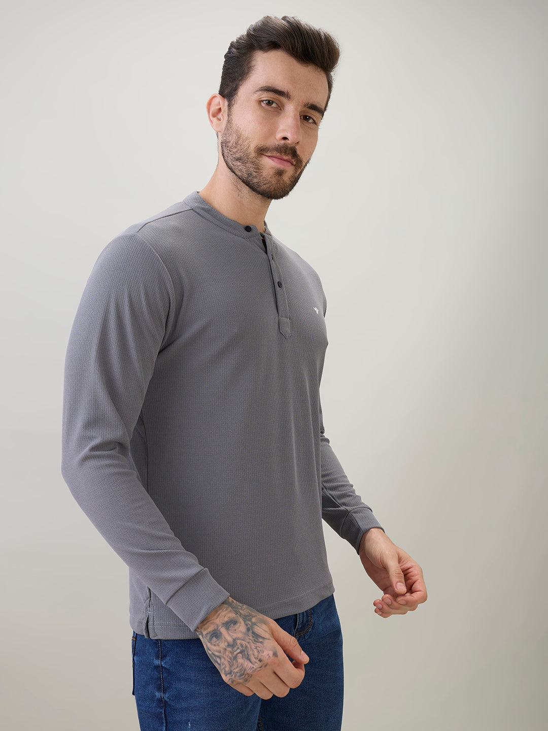 Men's Solid Henley Neck Regular Fit Full Sleeve T-Shirt with Logo and Button Closure Secondary image