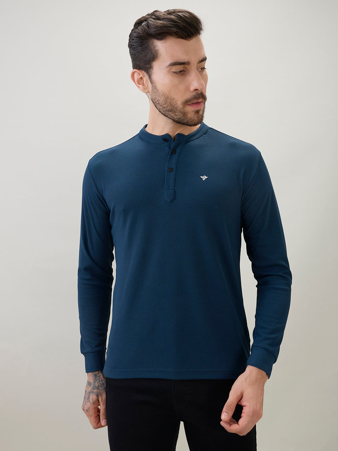 Men's Solid Henley Neck Regular Fit Full Sleeve T-Shirt with Logo and Button Closure