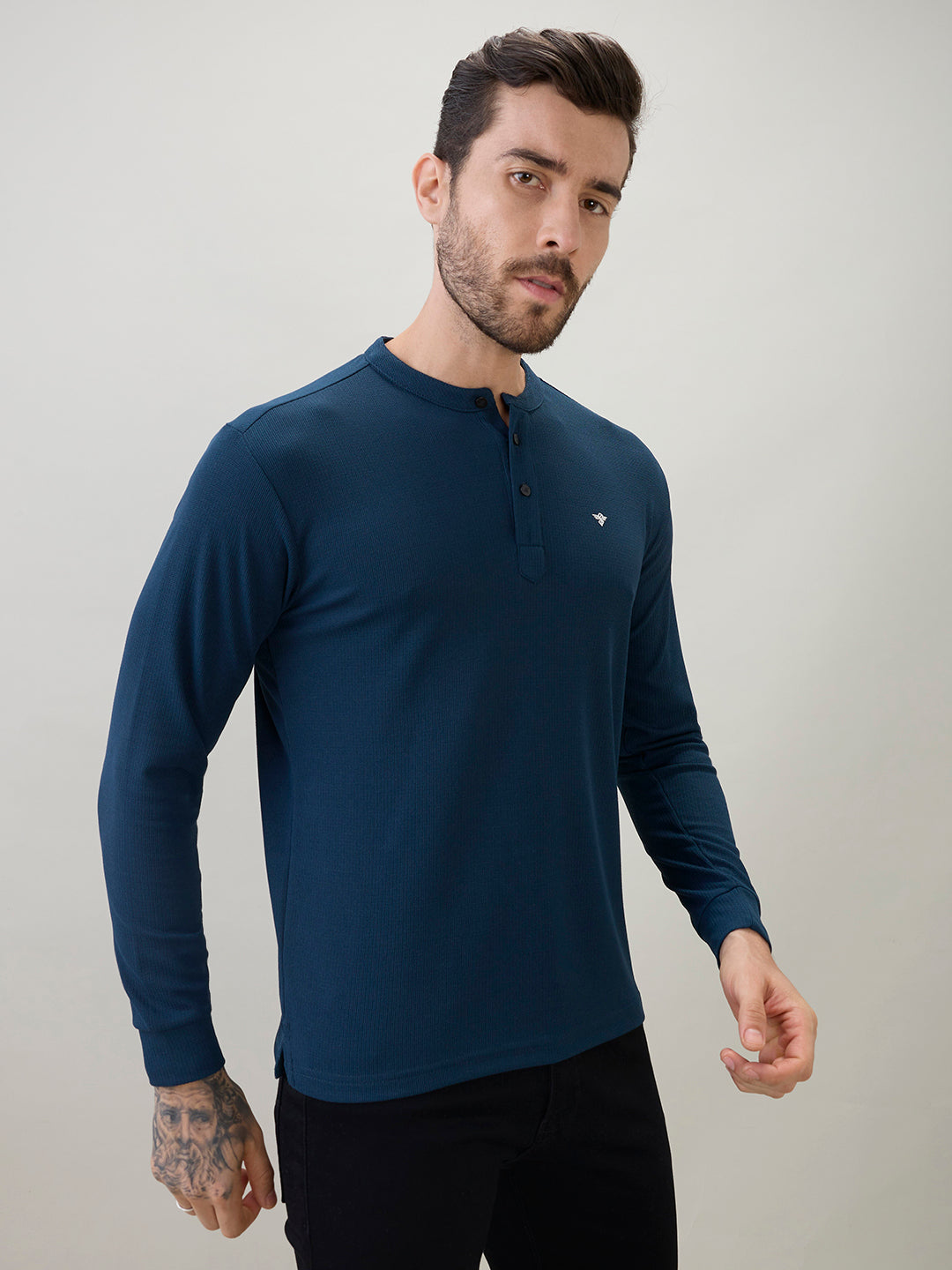 Men's Solid Henley Neck Regular Fit Full Sleeve T-Shirt with Logo and Button Closure Secondary image