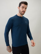 Men's Solid Henley Neck Regular Fit Full Sleeve T-Shirt with Logo and Button Closure