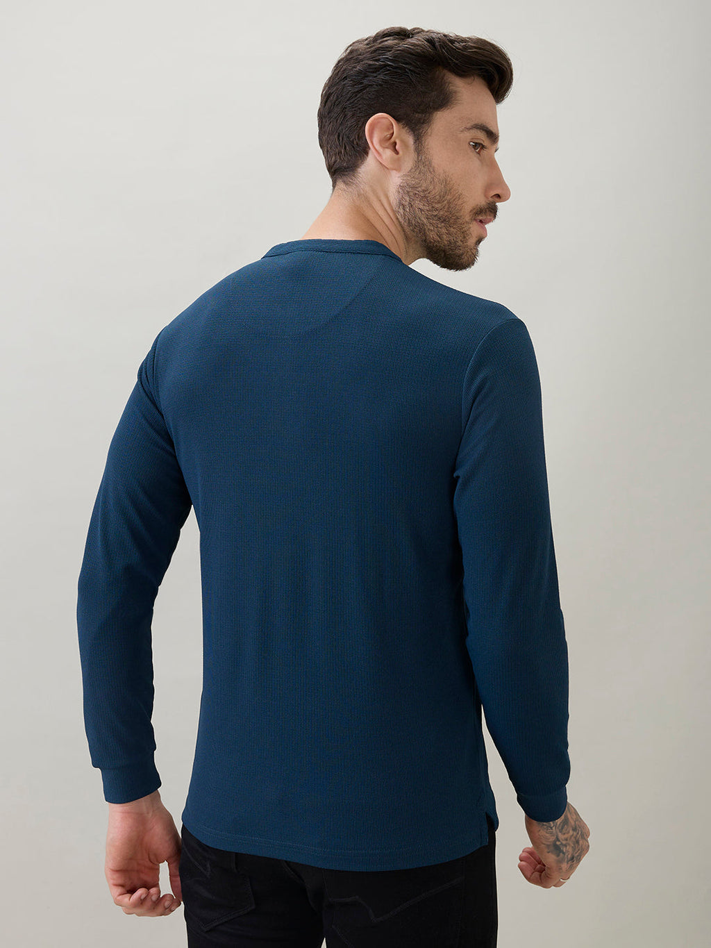 Men's Solid Henley Neck Regular Fit Full Sleeve T-Shirt with Logo and Button Closure