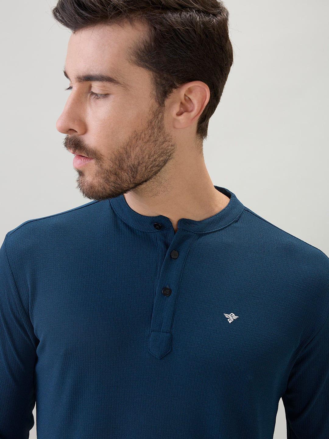 Men's Solid Henley Neck Regular Fit Full Sleeve T-Shirt with Logo and Button Closure