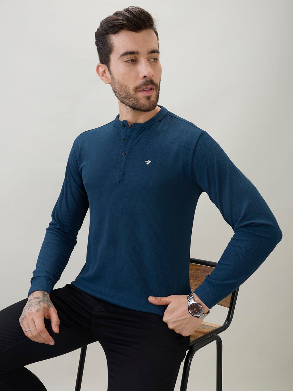 Men's Solid Henley Neck Regular Fit Full Sleeve T-Shirt with Logo and Button Closure