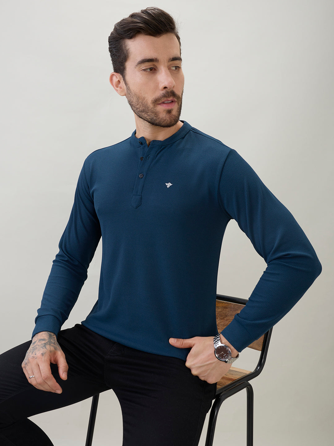 Men's Solid Henley Neck Regular Fit Full Sleeve T-Shirt with Logo and Button Closure