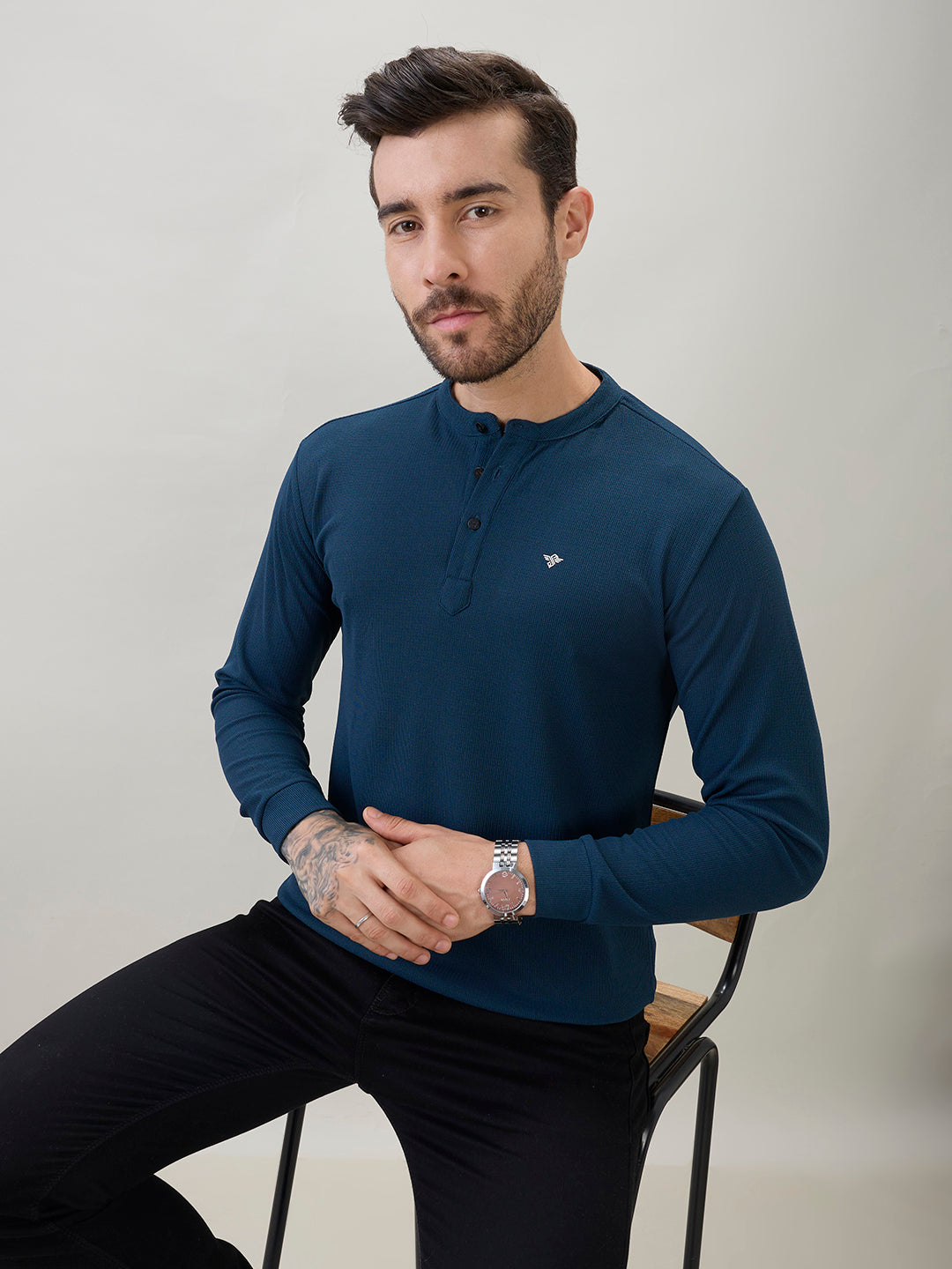 Men's Solid Henley Neck Regular Fit Full Sleeve T-Shirt with Logo and Button Closure