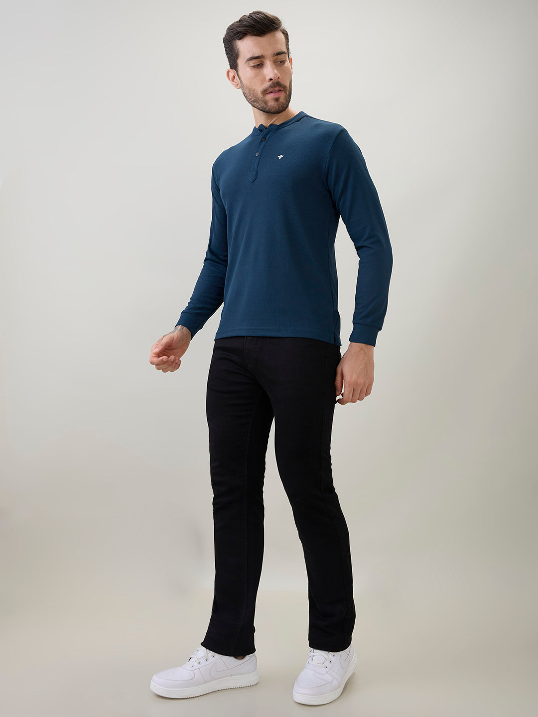 Men's Solid Henley Neck Regular Fit Full Sleeve T-Shirt with Logo and Button Closure