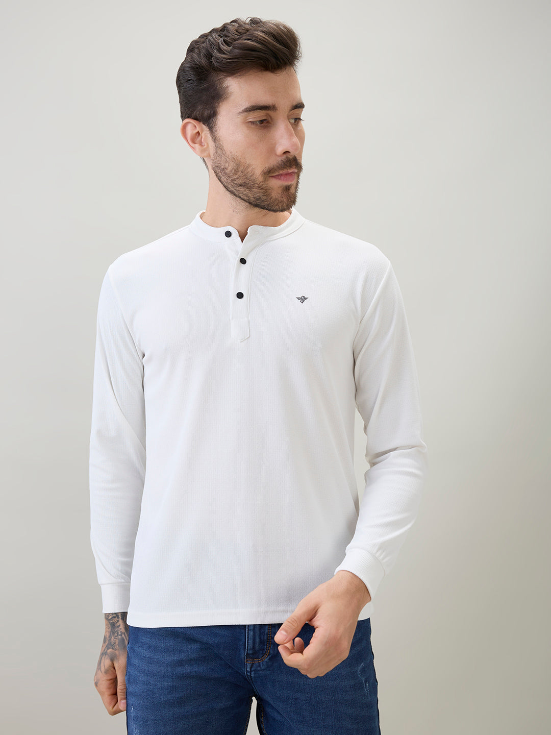 Men's Solid Henley Neck Regular Fit Full Sleeve T-Shirt with Logo and Button Closure