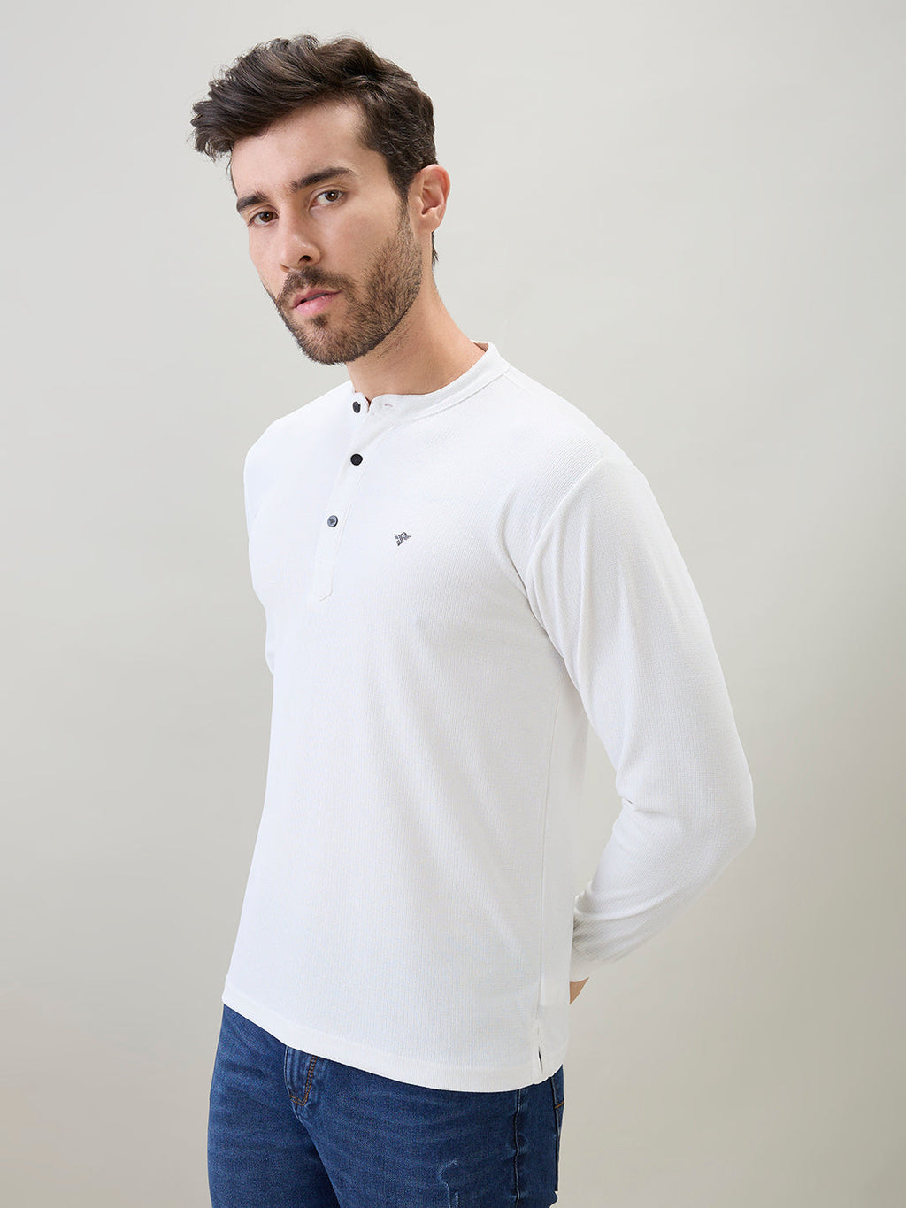 Men's Solid Henley Neck Regular Fit Full Sleeve T-Shirt with Logo and Button Closure