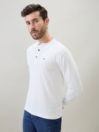 Men's Solid Henley Neck Regular Fit Full Sleeve T-Shirt with Logo and Button Closure