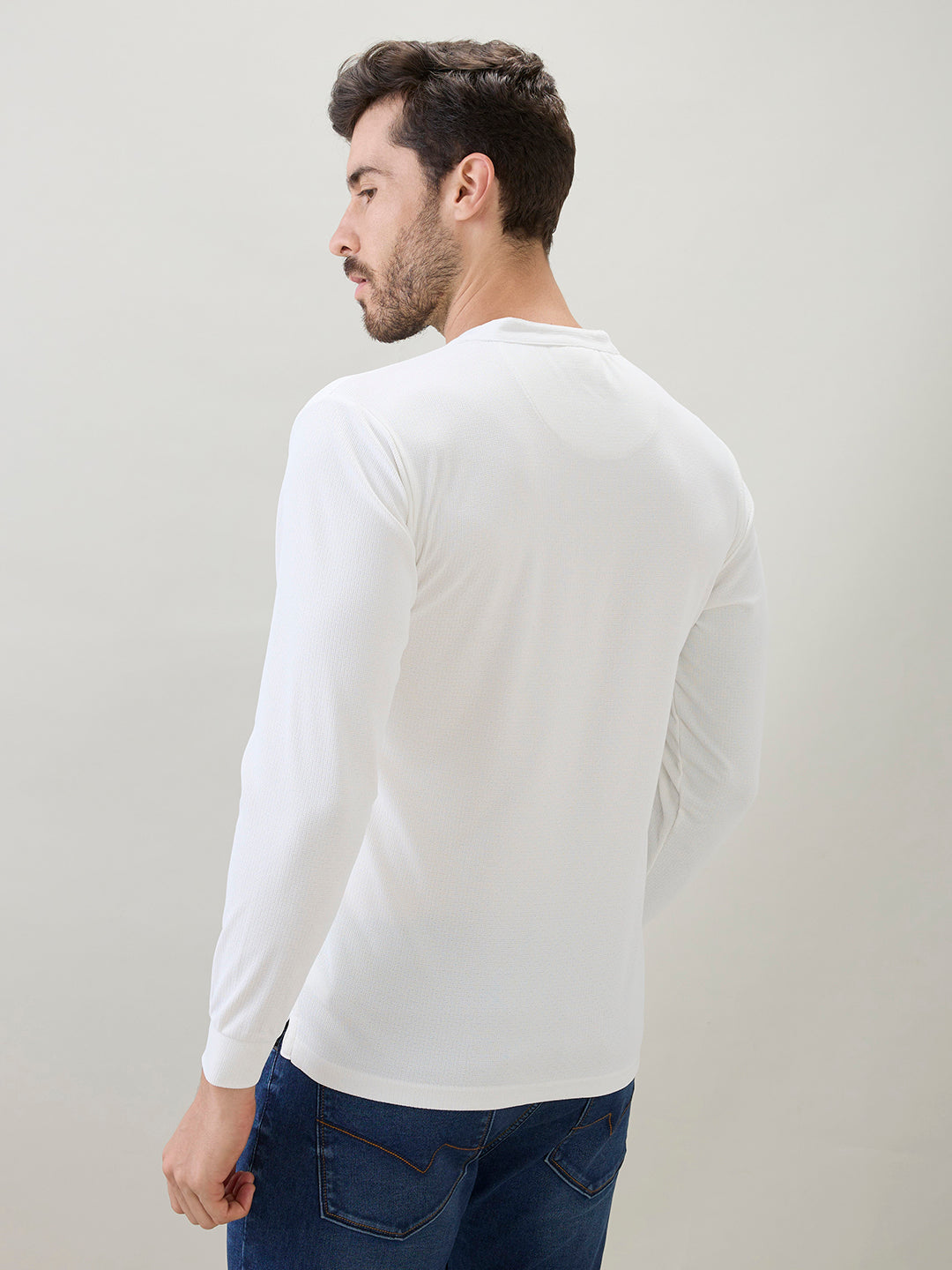Men's Solid Henley Neck Regular Fit Full Sleeve T-Shirt with Logo and Button Closure