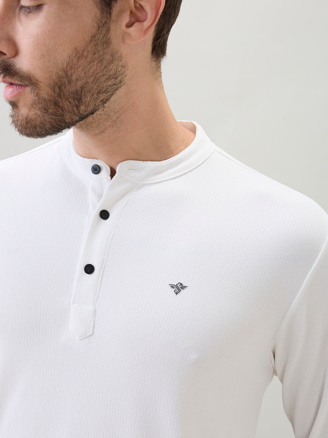 Men's Solid Henley Neck Regular Fit Full Sleeve T-Shirt with Logo and Button Closure