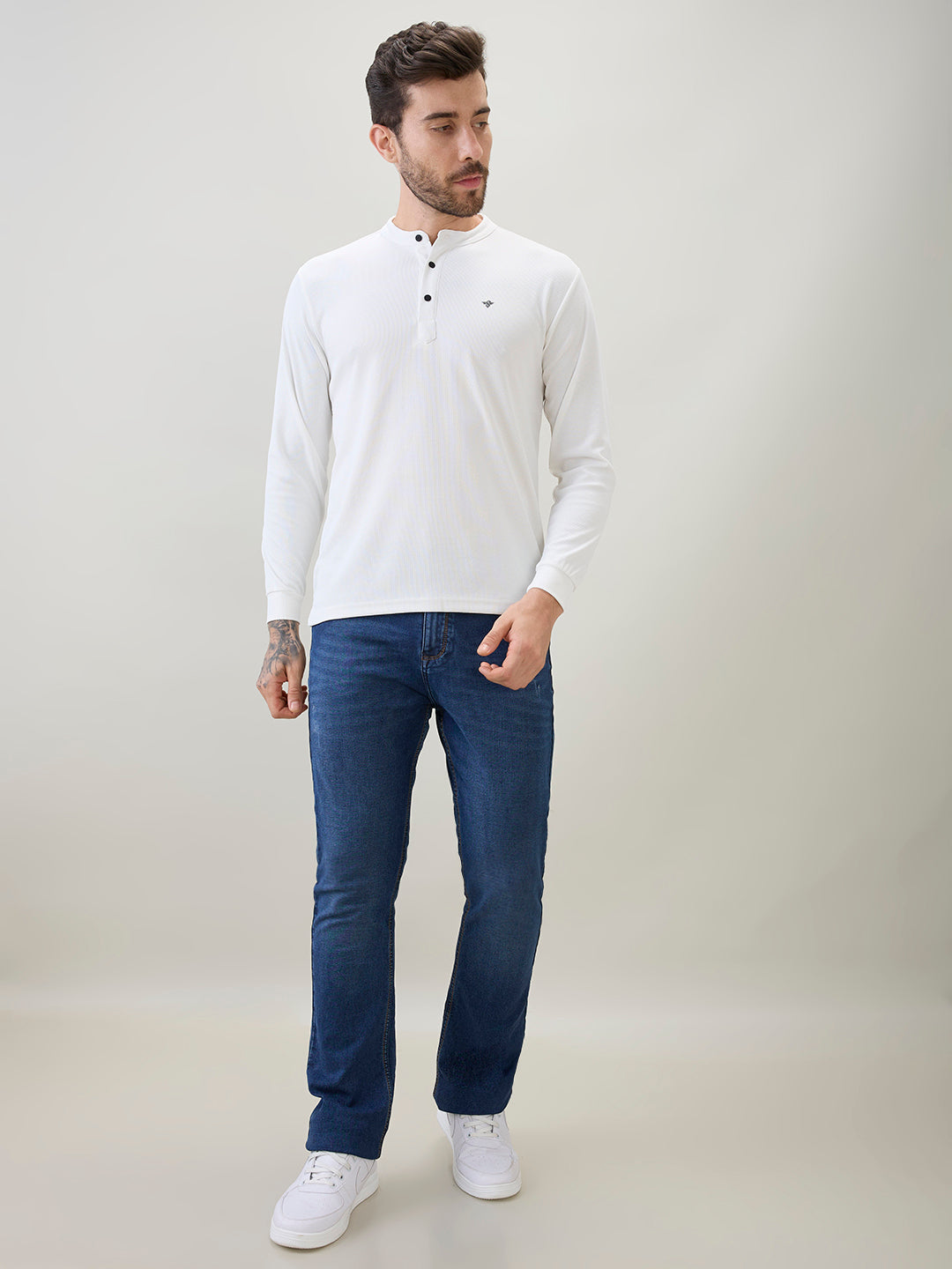 Men's Solid Henley Neck Regular Fit Full Sleeve T-Shirt with Logo and Button Closure
