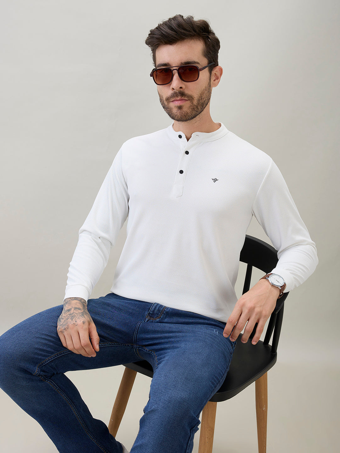 Men's Solid Henley Neck Regular Fit Full Sleeve T-Shirt with Logo and Button Closure