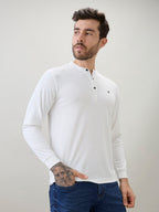 Men's Solid Henley Neck Regular Fit Full Sleeve T-Shirt with Logo and Button Closure