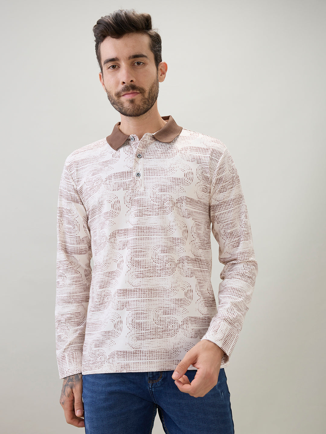 Men's Abstract Printed Polo Collar Regular Fit Full Sleeve T-Shirt