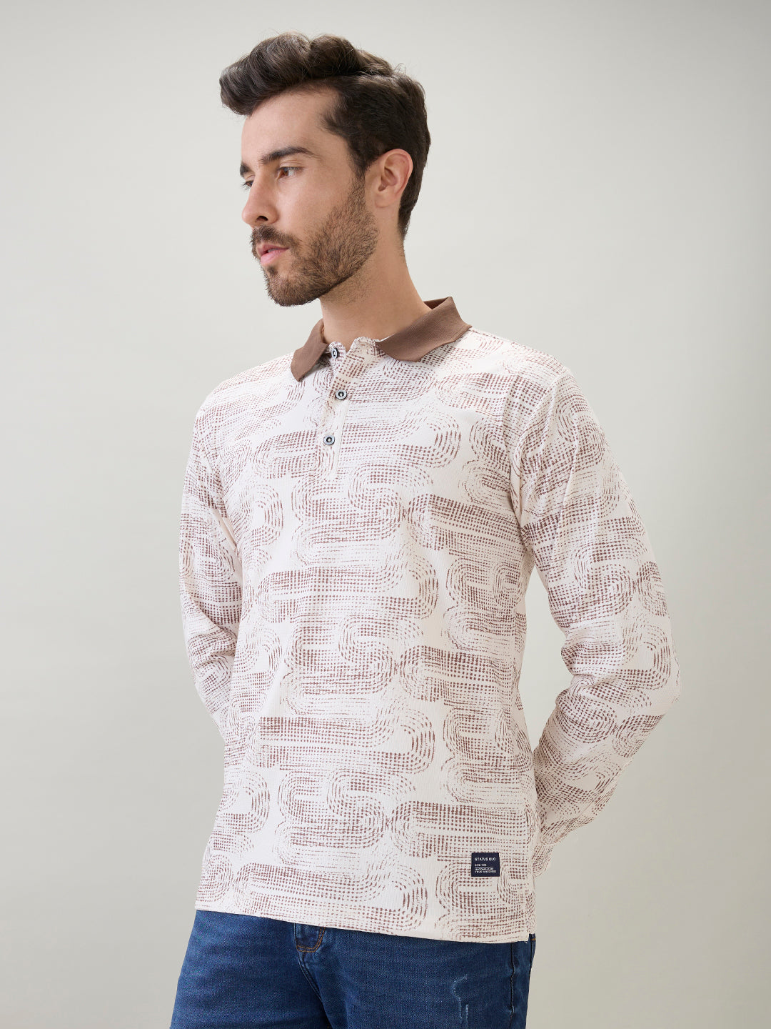 Men's Abstract Printed Polo Collar Regular Fit Full Sleeve T-Shirt