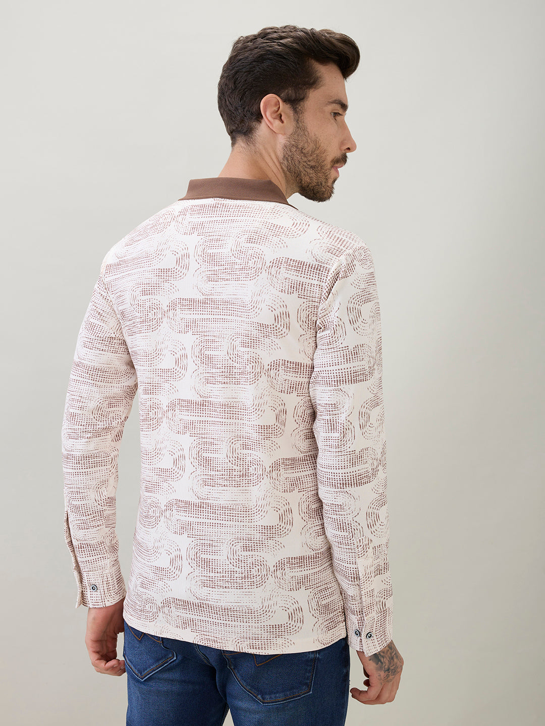 Men's Abstract Printed Polo Collar Regular Fit Full Sleeve T-Shirt
