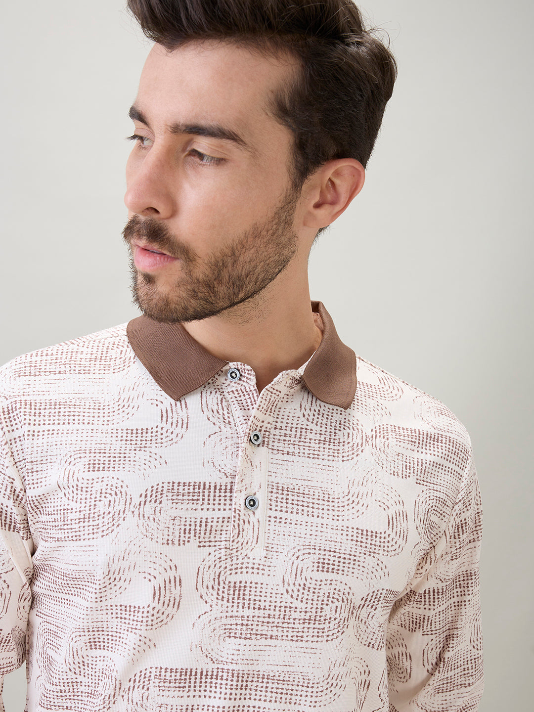 Men's Abstract Printed Polo Collar Regular Fit Full Sleeve T-Shirt
