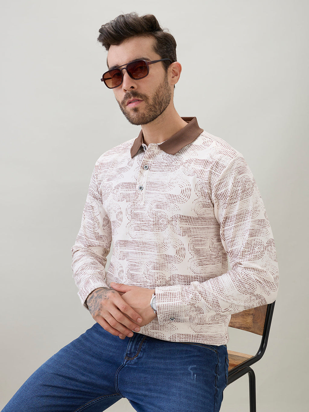 Men's Abstract Printed Polo Collar Regular Fit Full Sleeve T-Shirt