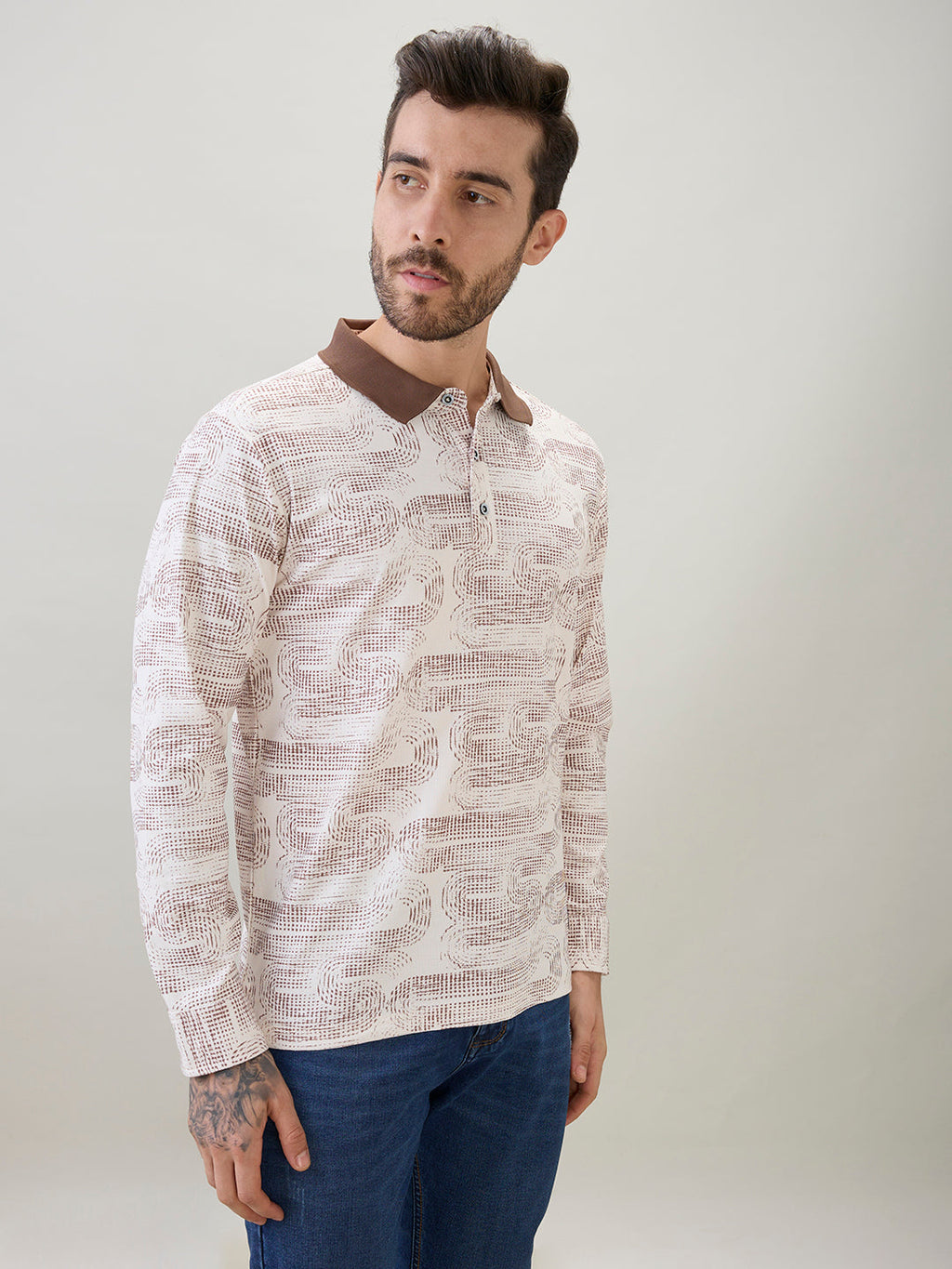 Men's Abstract Printed Polo Collar Regular Fit Full Sleeve T-Shirt