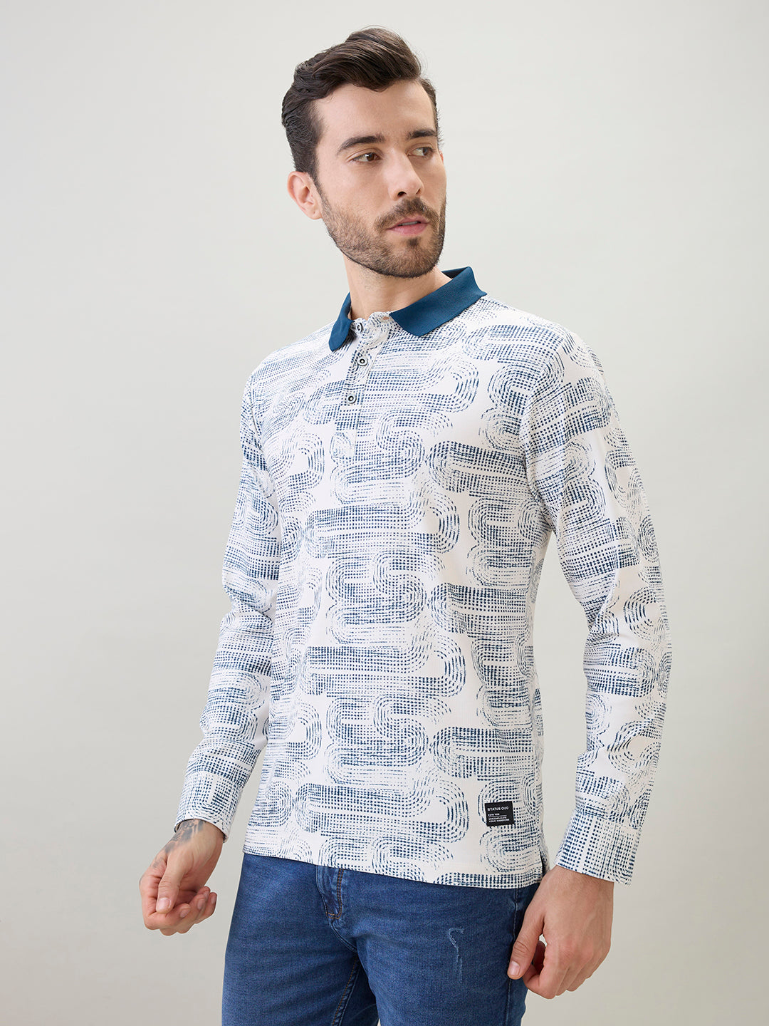 Men's Abstract Printed Polo Collar Regular Fit Full Sleeve T-Shirt Secondary image