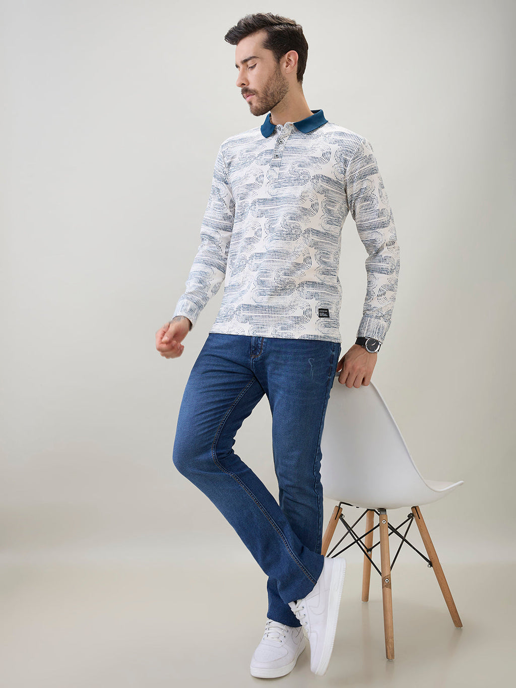 Men's Abstract Printed Polo Collar Regular Fit Full Sleeve T-Shirt