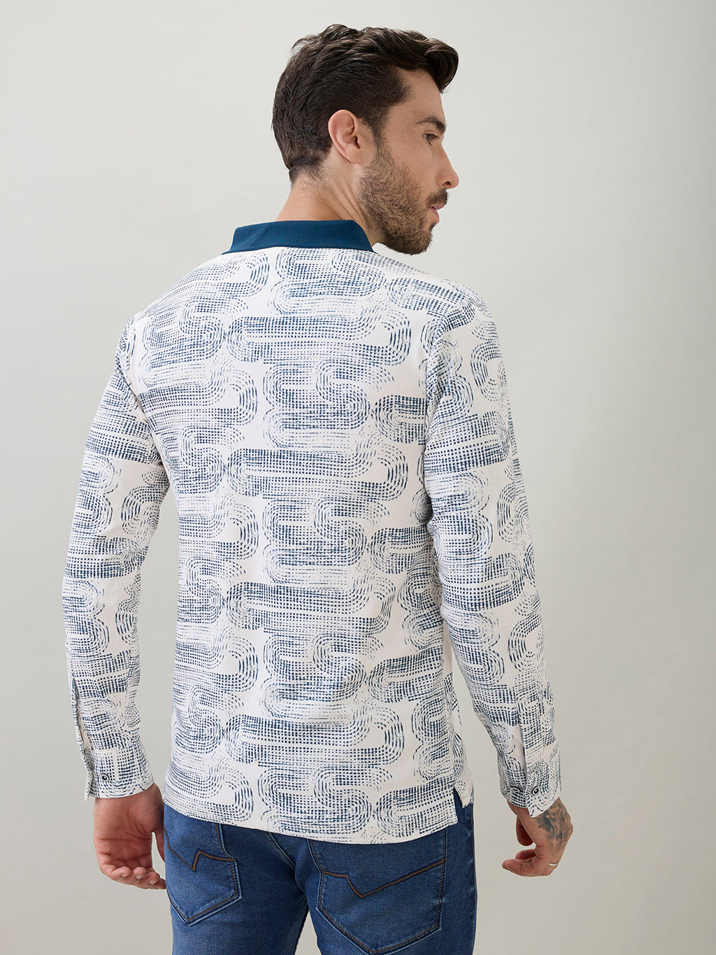 Men's Abstract Printed Polo Collar Regular Fit Full Sleeve T-Shirt