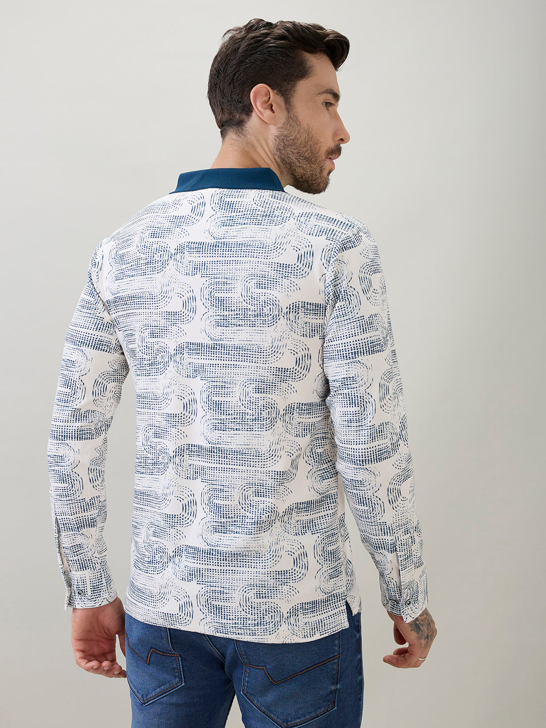 Men's Abstract Printed Polo Collar Regular Fit Full Sleeve T-Shirt