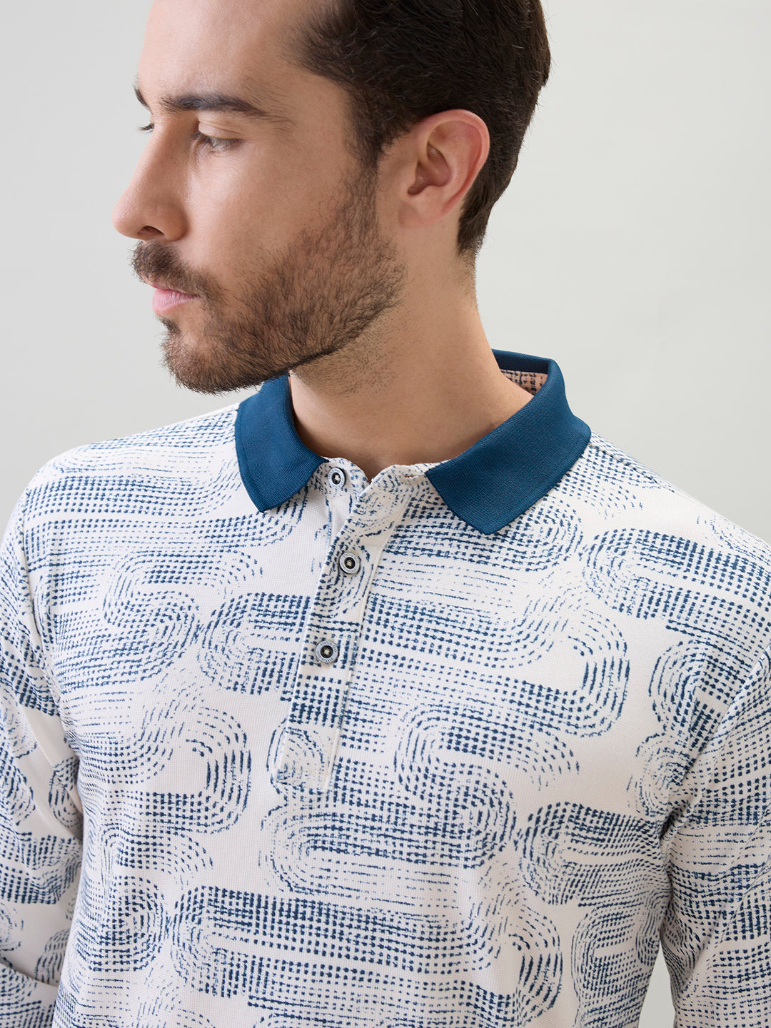 Men's Abstract Printed Polo Collar Regular Fit Full Sleeve T-Shirt