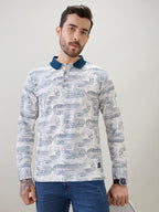 Men's Abstract Printed Polo Collar Regular Fit Full Sleeve T-Shirt