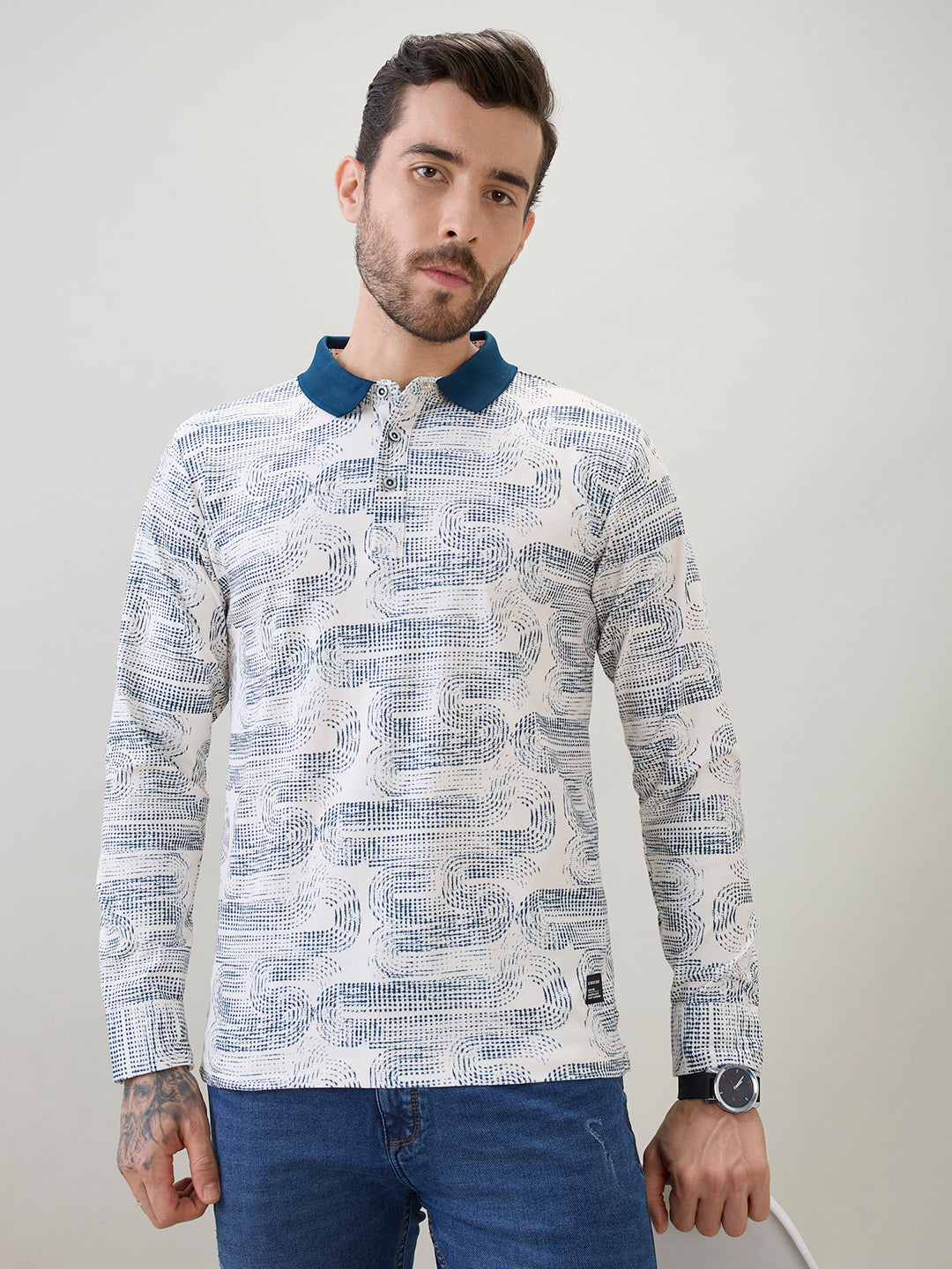Men's Abstract Printed Polo Collar Regular Fit Full Sleeve T-Shirt