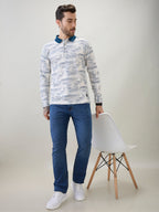 Men's Abstract Printed Polo Collar Regular Fit Full Sleeve T-Shirt