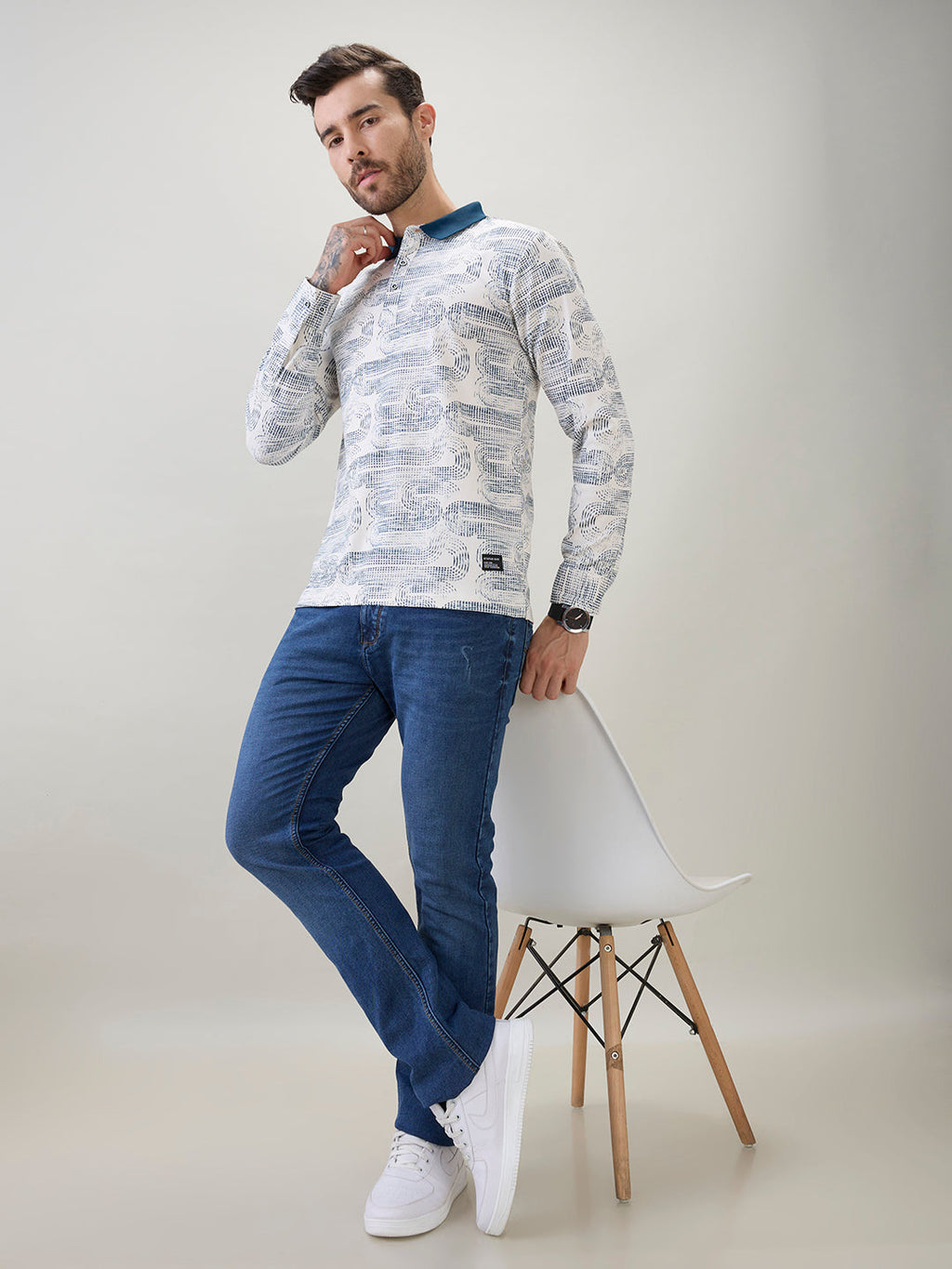 Men's Abstract Printed Polo Collar Regular Fit Full Sleeve T-Shirt