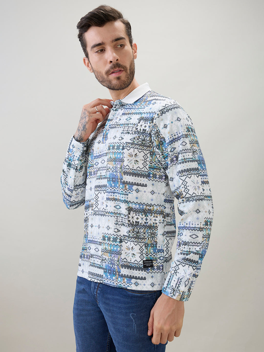 Men's All-Over Nordic Print Full Sleeve Polo T-Shirt Secondary image