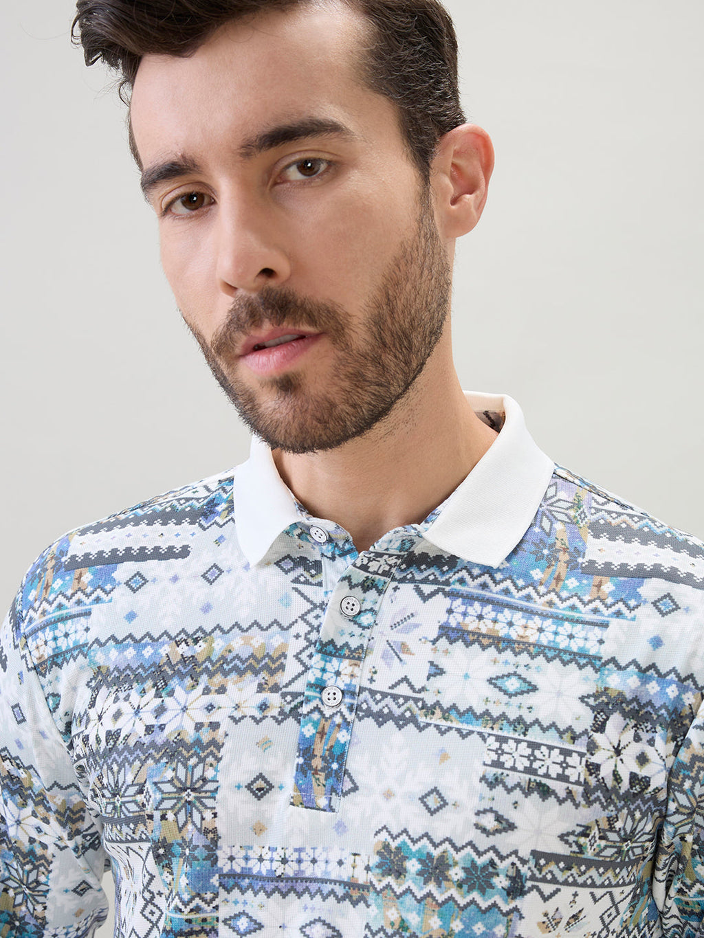 Men's All-Over Nordic Print Full Sleeve Polo T-Shirt