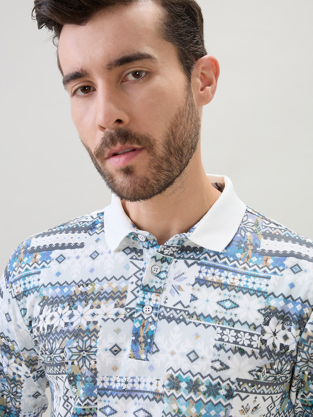 Men's All-Over Nordic Print Full Sleeve Polo T-Shirt