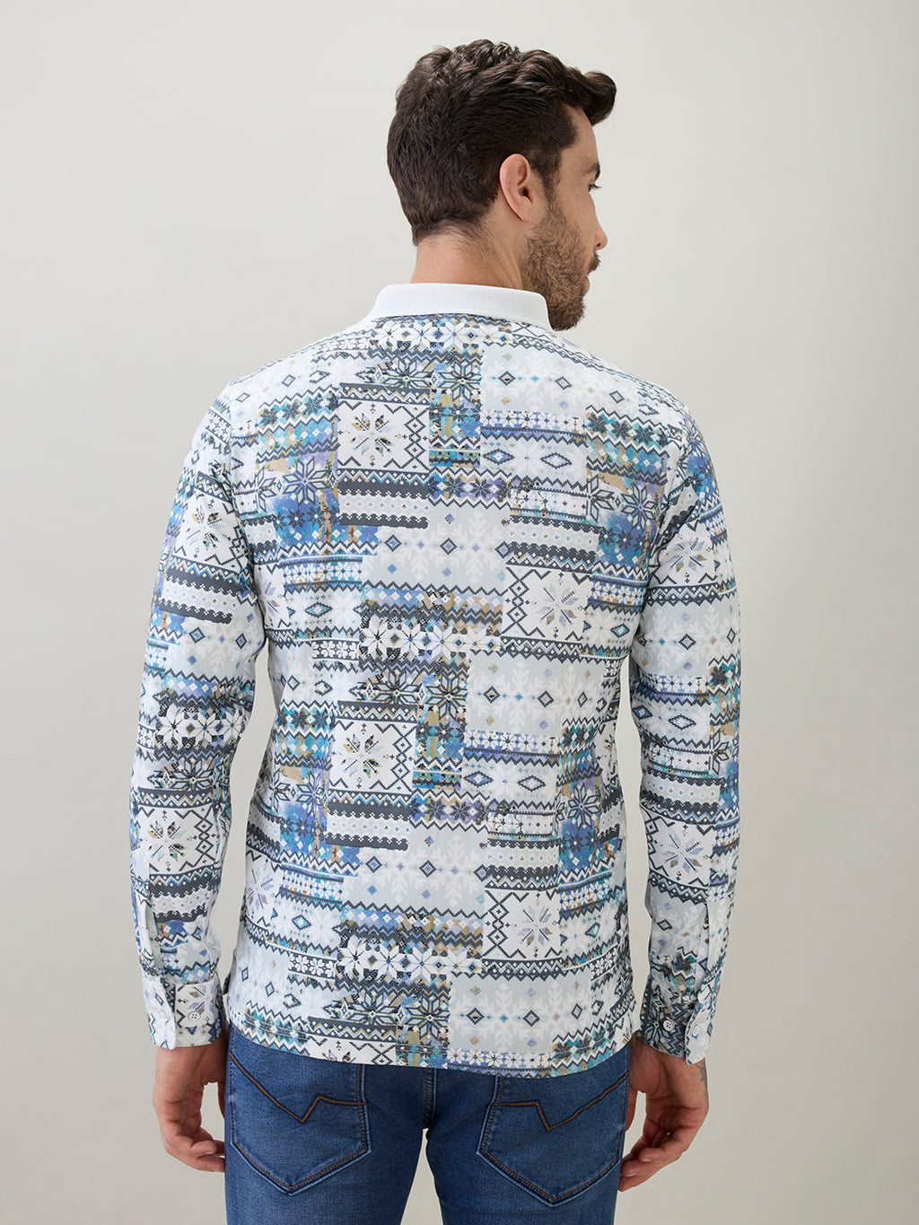 Men's All-Over Nordic Print Full Sleeve Polo T-Shirt