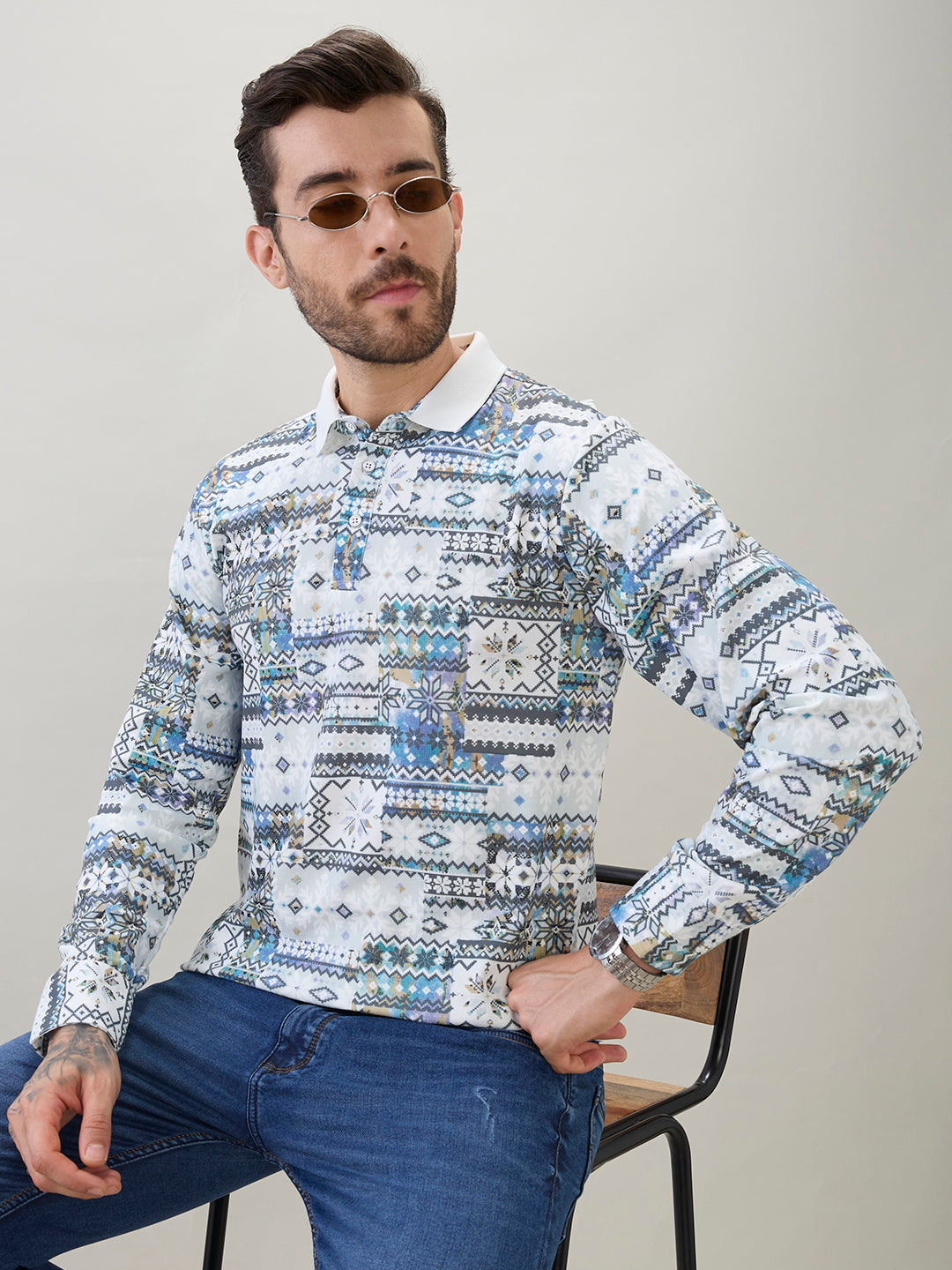 Men's All-Over Nordic Print Full Sleeve Polo T-Shirt