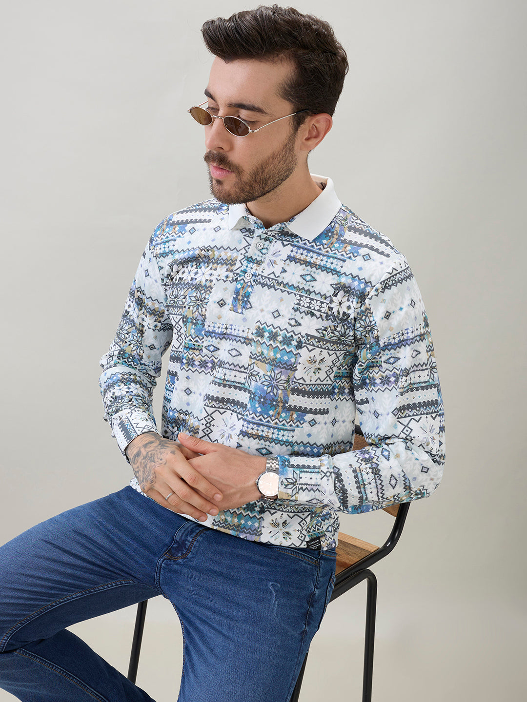 Men's All-Over Nordic Print Full Sleeve Polo T-Shirt