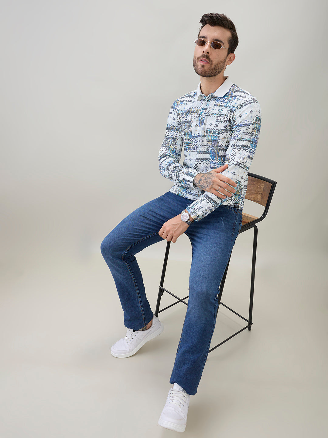 Men's All-Over Nordic Print Full Sleeve Polo T-Shirt