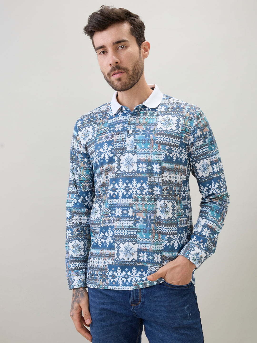 Men's All-Over Nordic Print Full Sleeve Polo T-Shirt