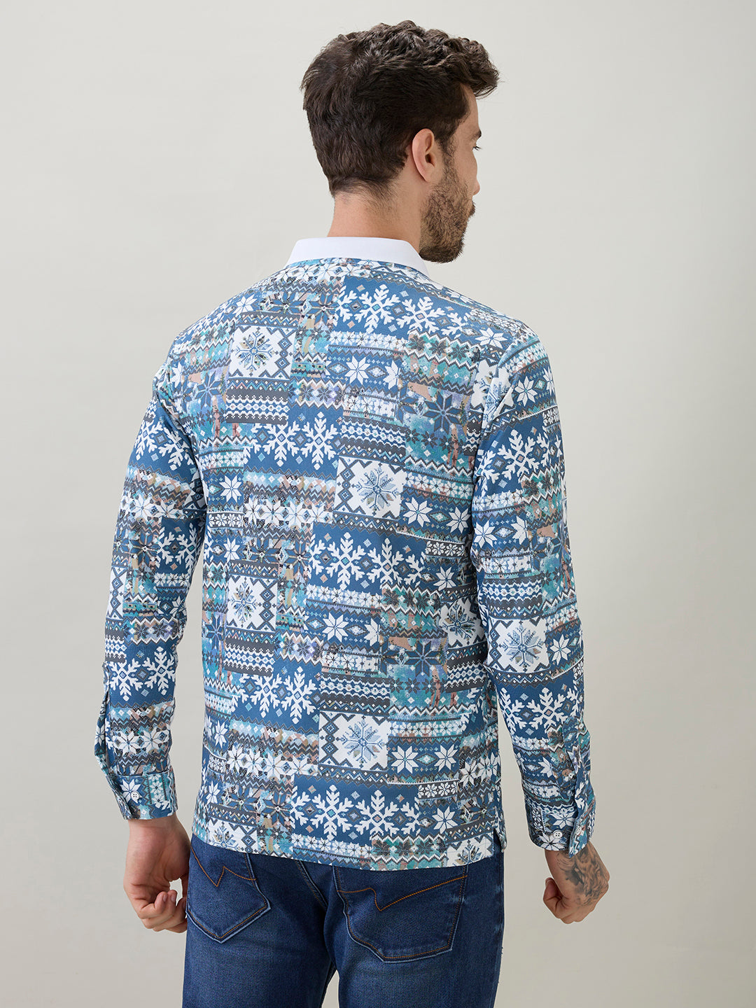 Men's All-Over Nordic Print Full Sleeve Polo T-Shirt