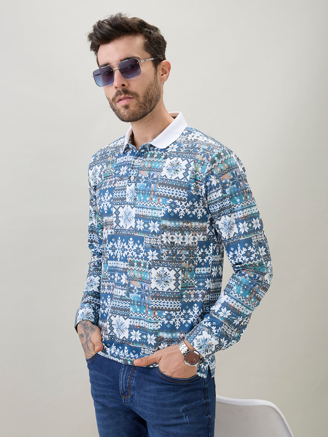 Men's All-Over Nordic Print Full Sleeve Polo T-Shirt