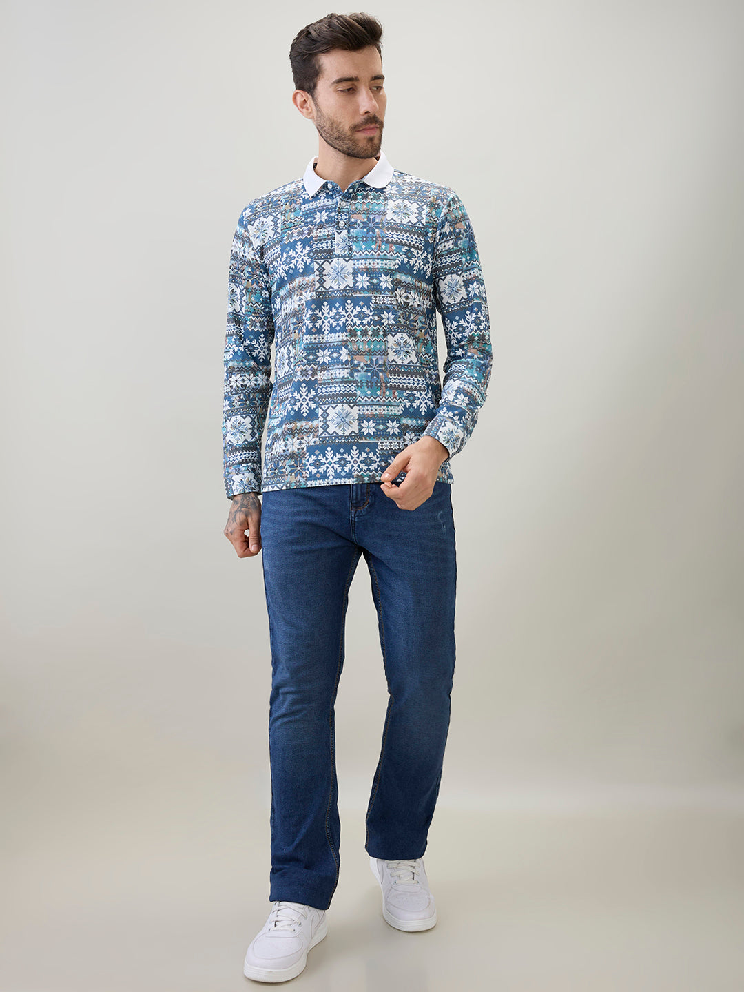 Men's All-Over Nordic Print Full Sleeve Polo T-Shirt