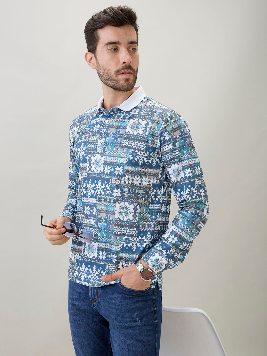 Men's All-Over Nordic Print Full Sleeve Polo T-Shirt
