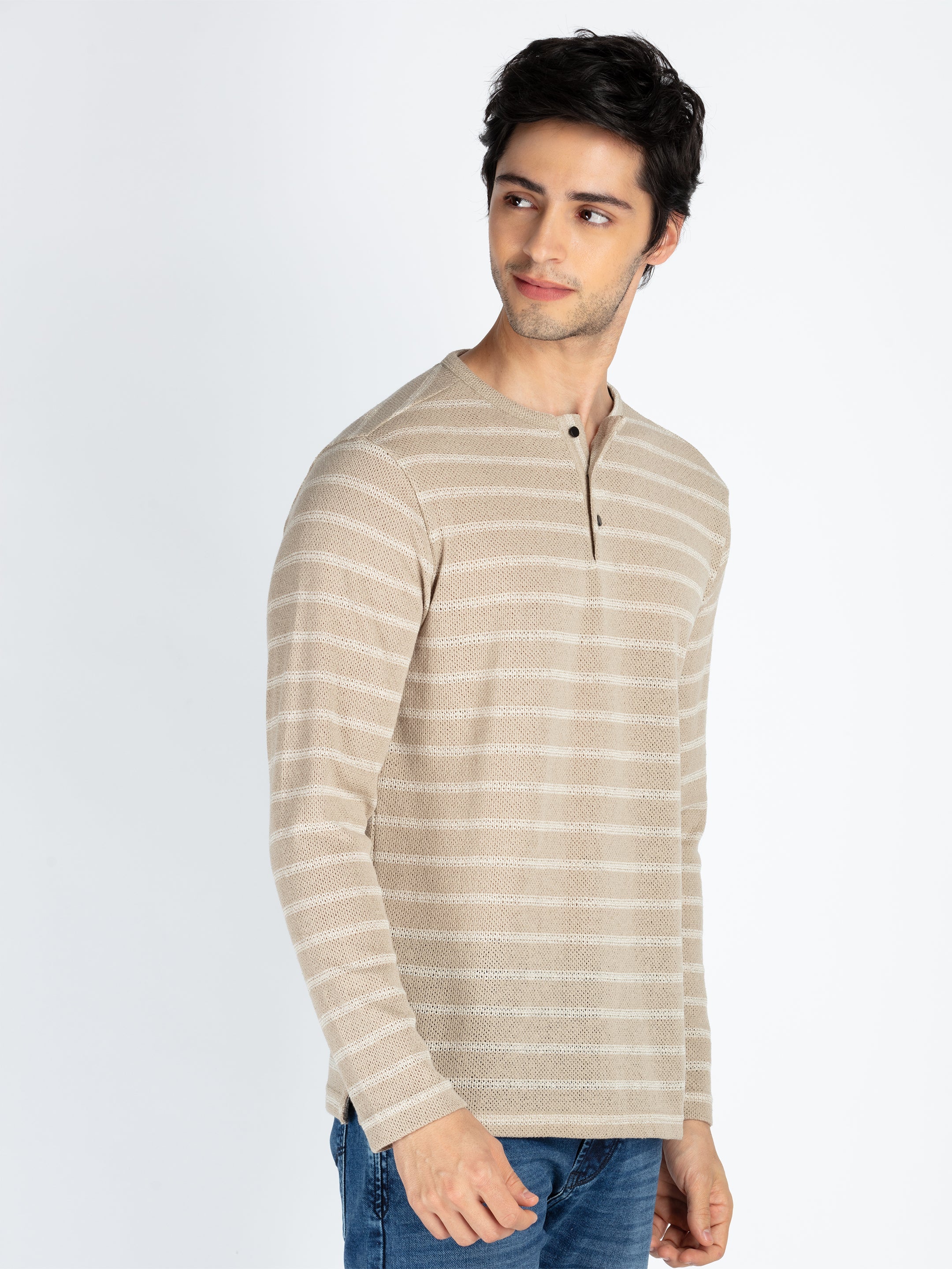 Mens Striped Henley Neck Full Sleeve T-Shirt Secondary image